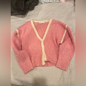 mstory miho women’s pink and white button up v neck cropped oversized cardigan